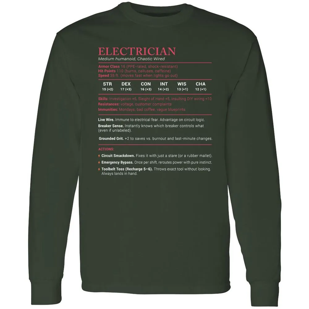 Electrician Stats Long Sleeve T-Shirt - Forest Green - 4