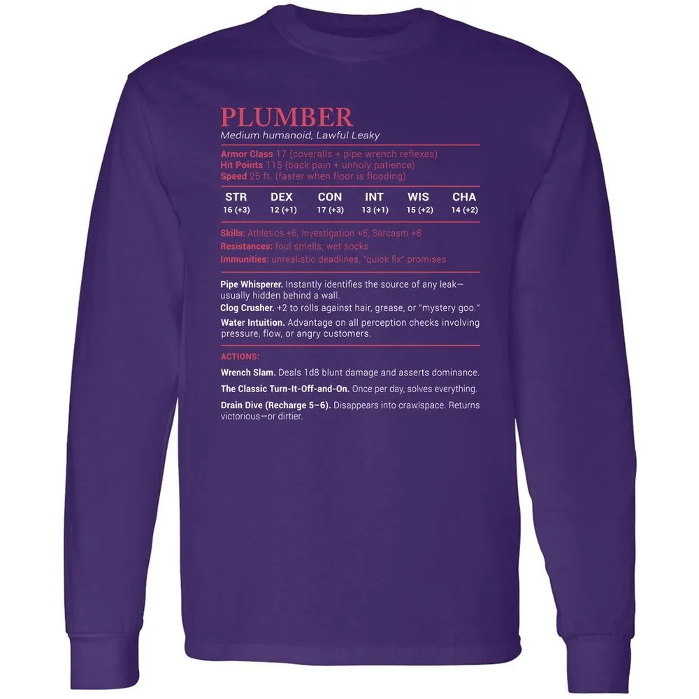 Plumber Stats Long Sleeve T-Shirt - Purple - 13