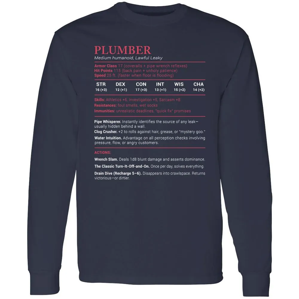 Plumber Stats Long Sleeve T-Shirt - Navy - 2