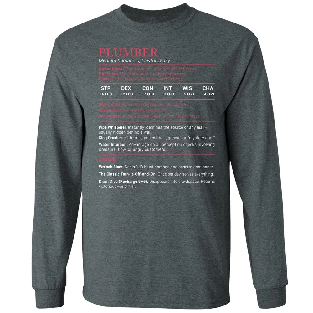 Plumber Stats Long Sleeve T-Shirt - Dark Heather - 15