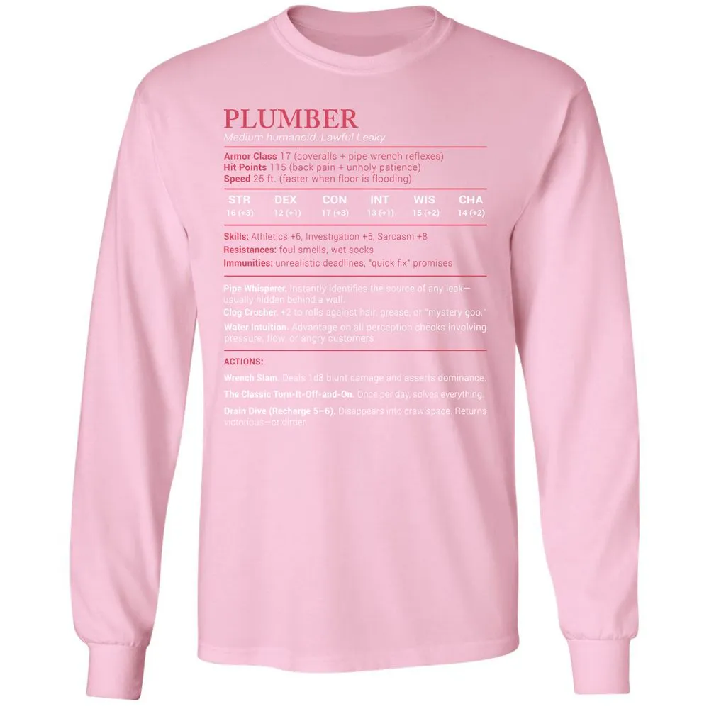 Plumber Stats Long Sleeve T-Shirt - Light Pink - 3