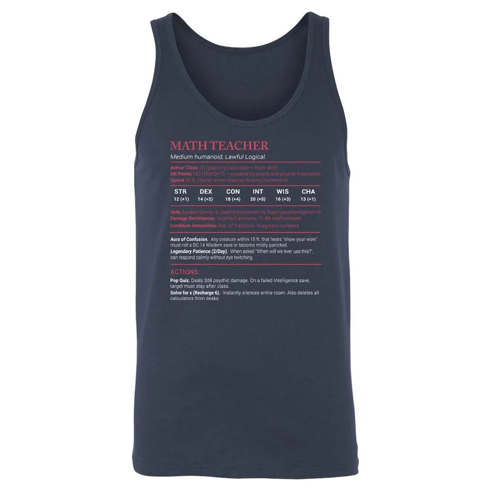 Math Teacher Stats Unisex Jersey Tank - Navy - 2