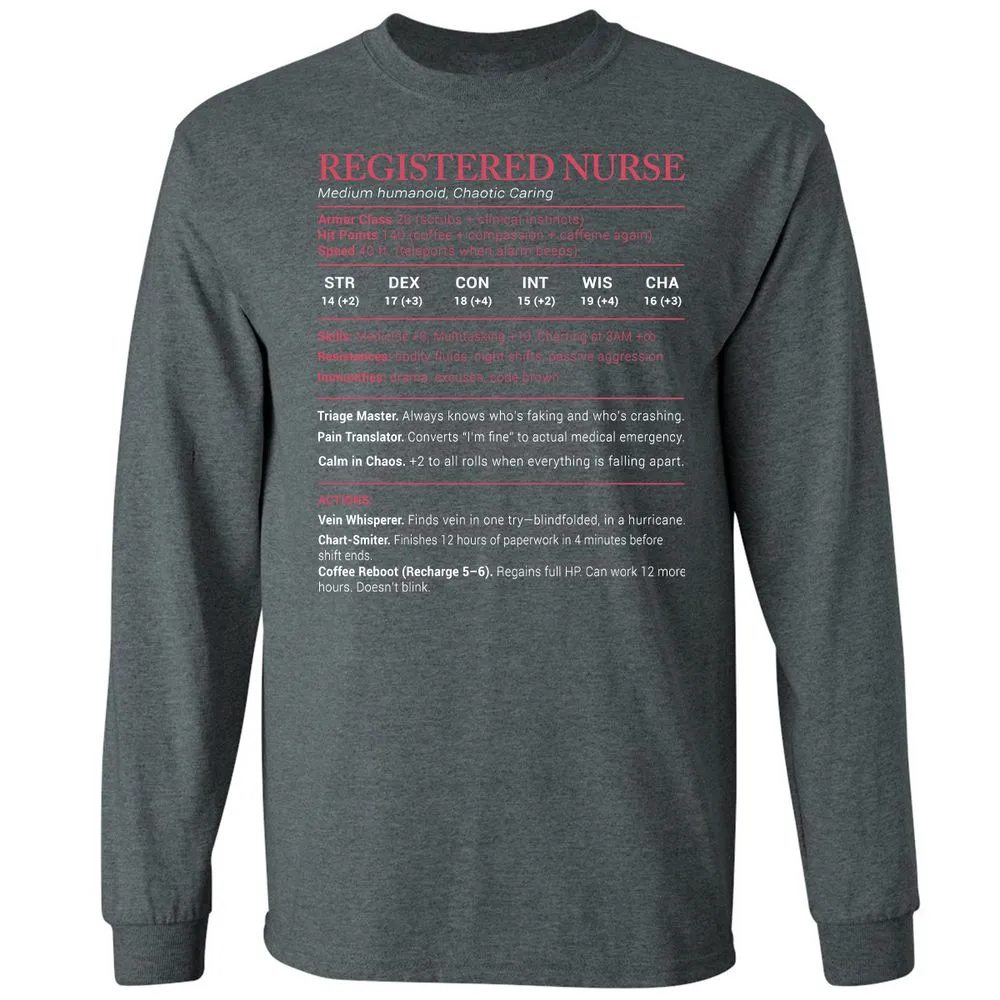 Registered Nurse Stats Long Sleeve T-Shirt - Dark Heather - 15