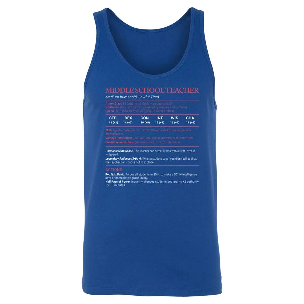 Middle School Teacher Stats Unisex Jersey Tank - True Royal - 13