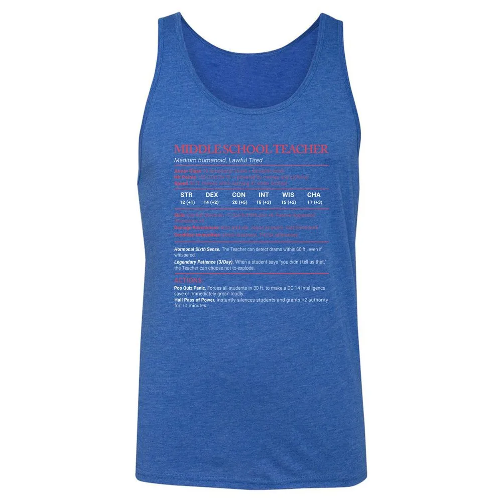 Middle School Teacher Stats Unisex Jersey Tank - True Royal Triblend - 12