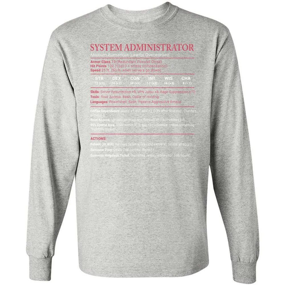 System Administrator Stats Long Sleeve T-Shirt - Ash - 7