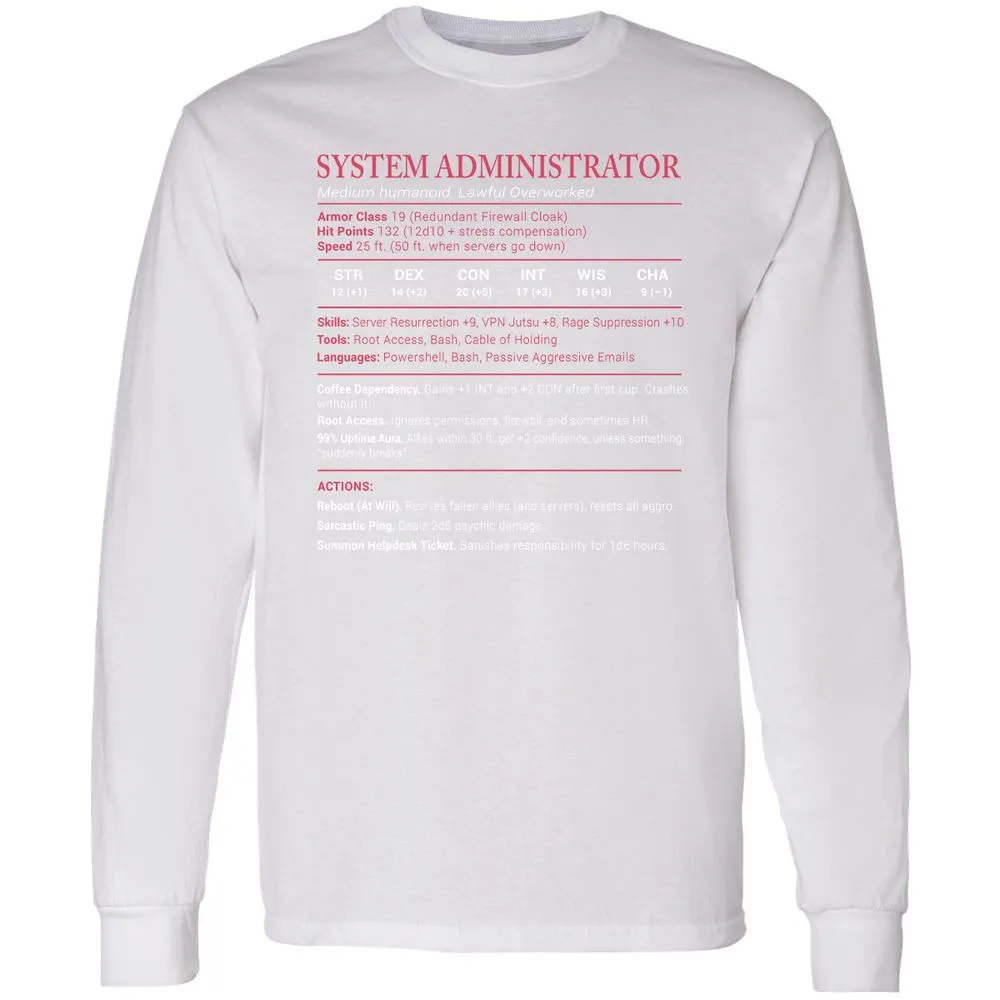 System Administrator Stats Long Sleeve T-Shirt - White - 5