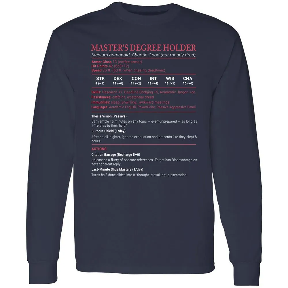 Master Degree's Holder Stats Long Sleeve T-Shirt - Navy - 2