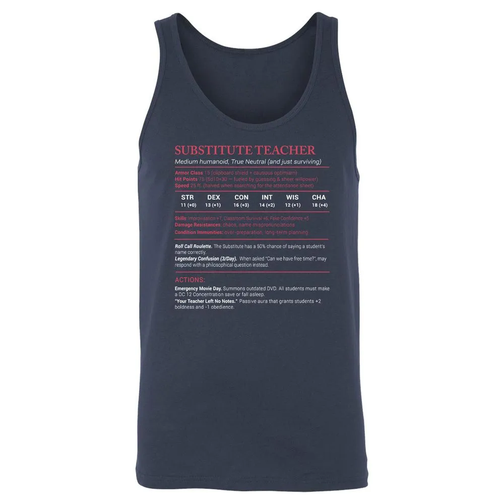 Substitute Teacher Stats Unisex Jersey Tank - Navy - 2