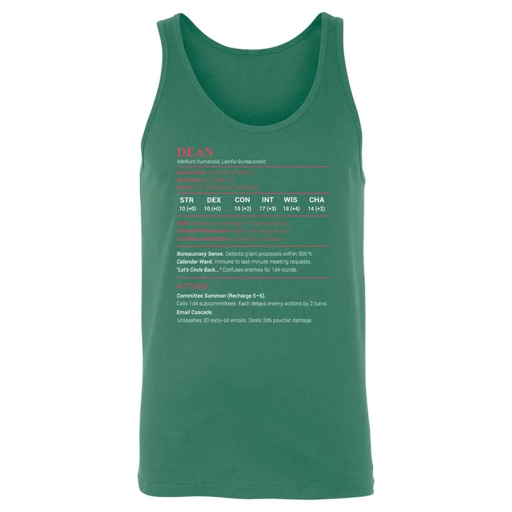 Dean Stats Unisex Jersey Tank - Kelly - 9