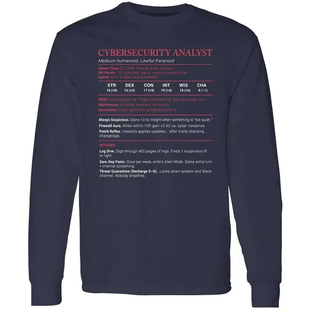 Cybersecurity Analyst Stats Long Sleeve T-Shirt - Navy - 2