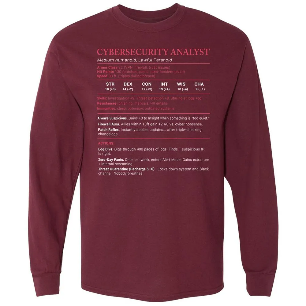 Cybersecurity Analyst Stats Long Sleeve T-Shirt - Maroon - 11