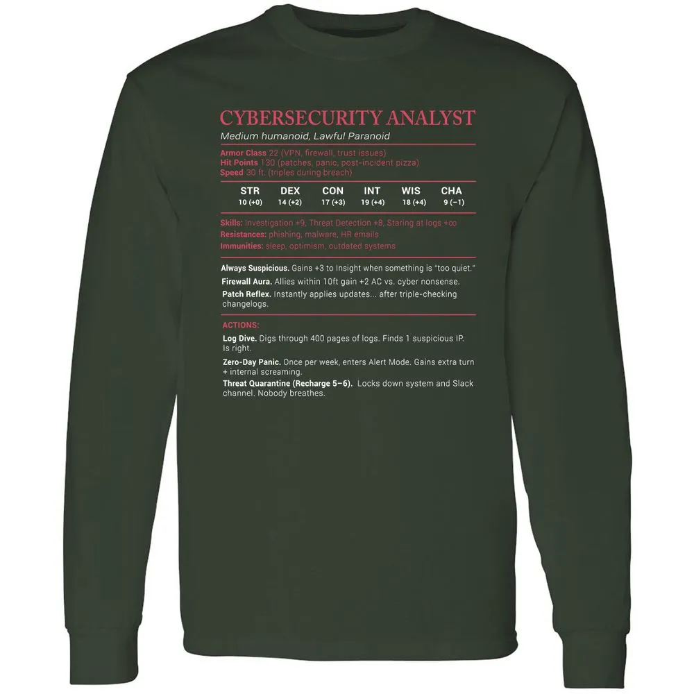 Cybersecurity Analyst Stats Long Sleeve T-Shirt - Forest Green - 4