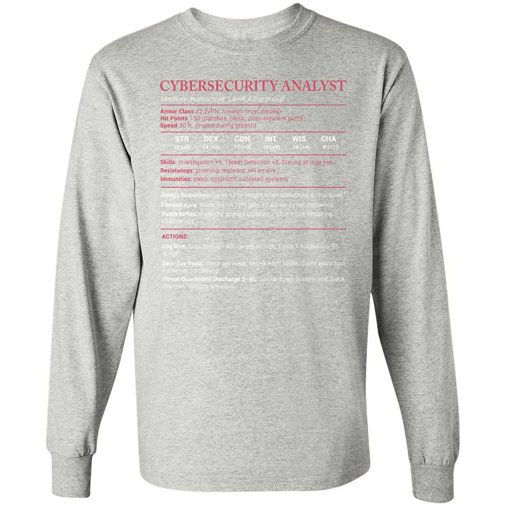 Cybersecurity Analyst Stats Long Sleeve T-Shirt - Ash - 7