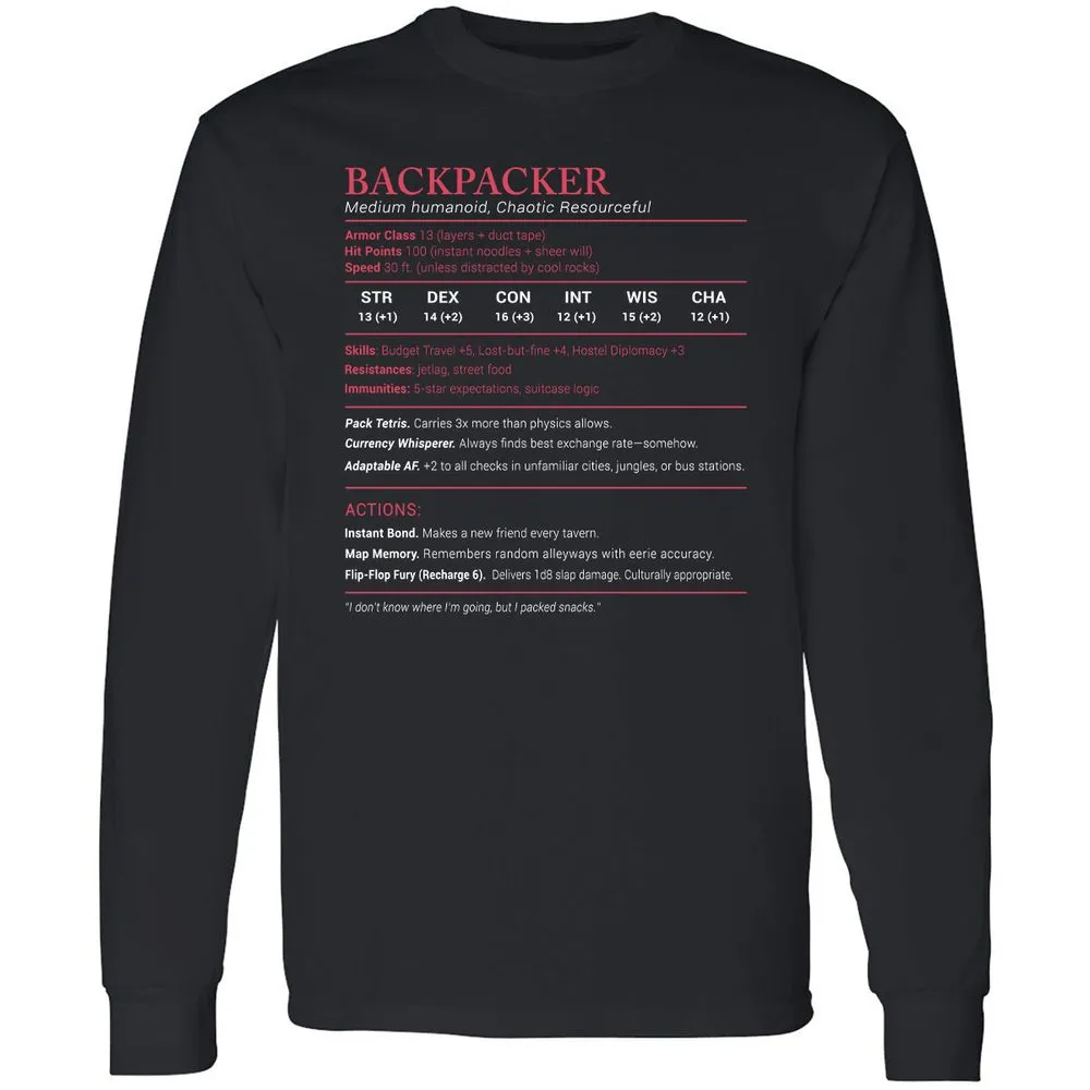 Backpacker Stats Long Sleeve T-Shirt - Black - 1