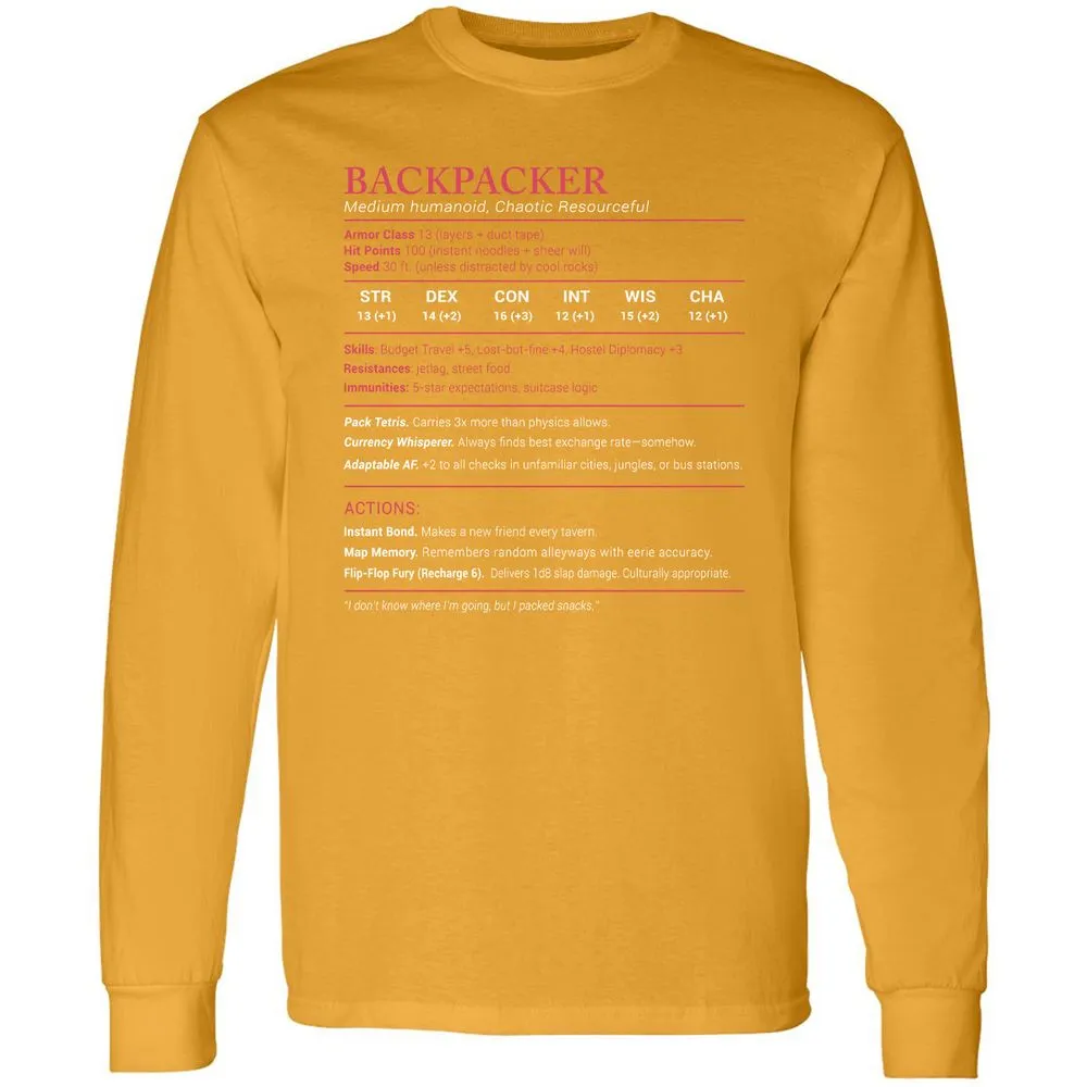 Backpacker Stats Long Sleeve T-Shirt - Gold - 9