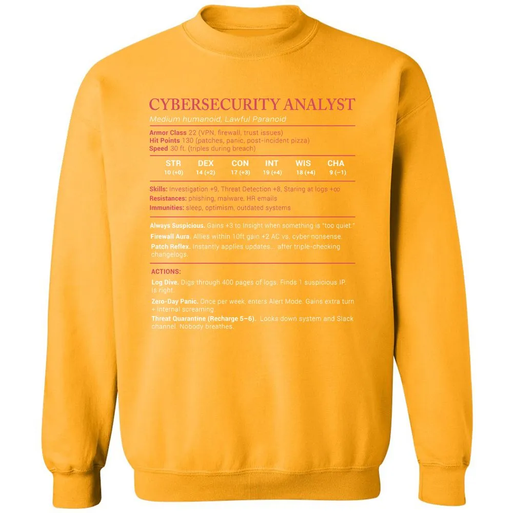 Cybersecurity Analyst Stats Classic Unisex Sweatshirt - Gold - 11