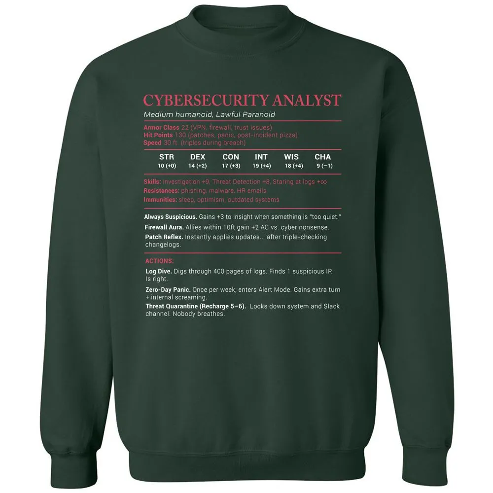 Cybersecurity Analyst Stats Classic Unisex Sweatshirt - Forest Green - 4