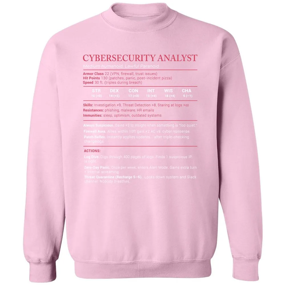 Cybersecurity Analyst Stats Classic Unisex Sweatshirt - Light Pink - 3
