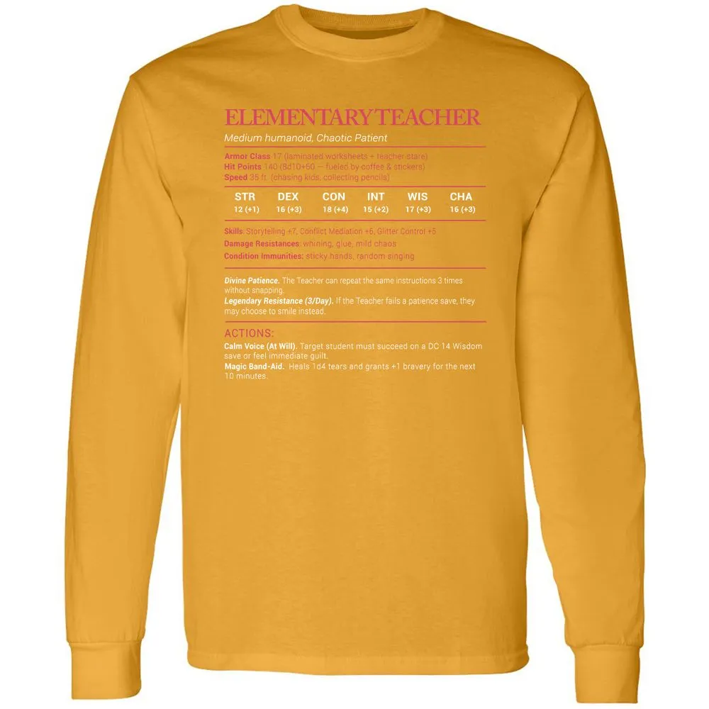 Elementary Teacher Stats Long Sleeve T-Shirt - Gold - 9