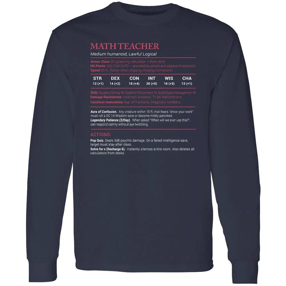 Math Teacher Stats Long Sleeve T-Shirt - Navy - 2