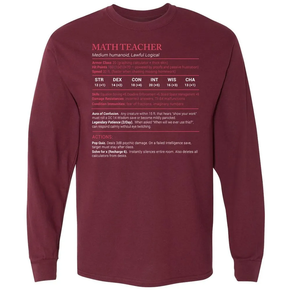 Math Teacher Stats Long Sleeve T-Shirt - Maroon - 11