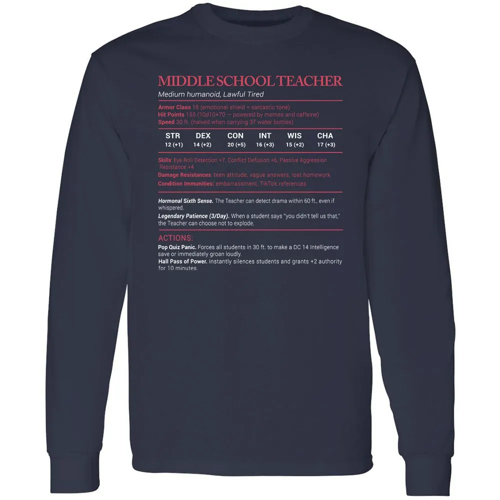 Middle School Teacher Stats Long Sleeve T-Shirt - Navy - 2