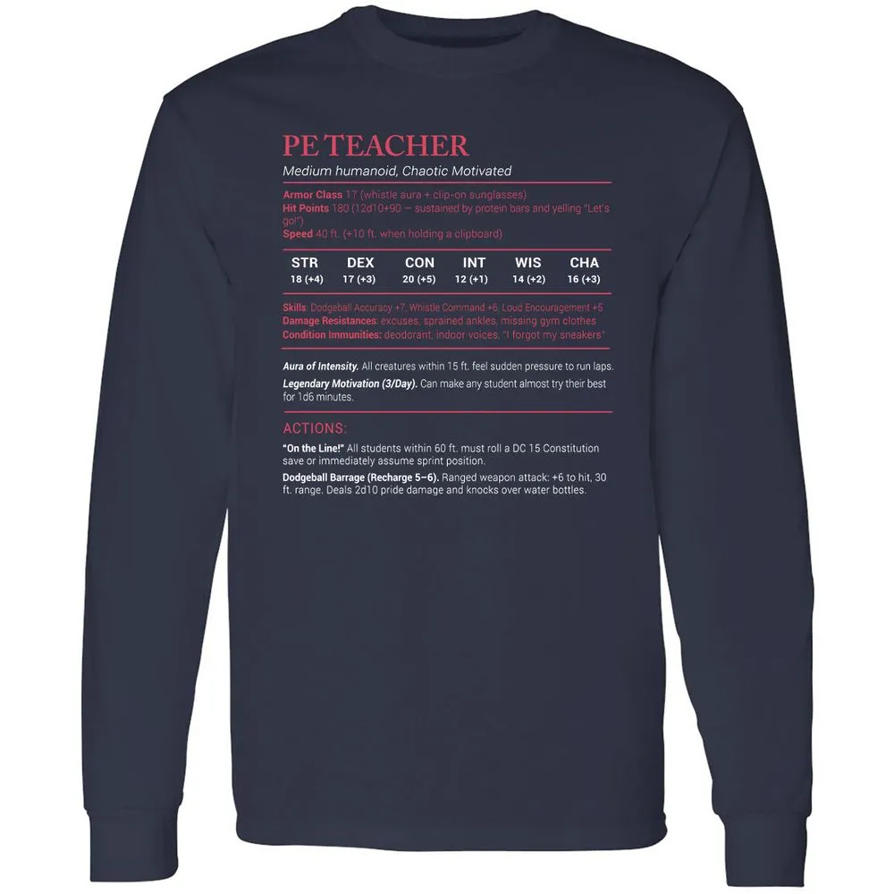 PE Teacher Stats Long Sleeve T-Shirt - Navy - 2