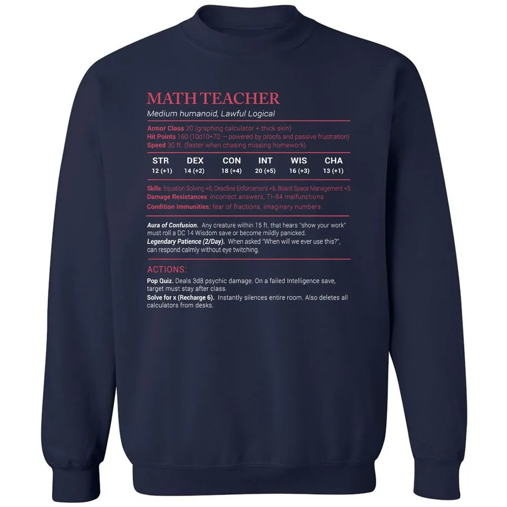 Math Teacher Stats Classic Unisex Sweatshirt - Navy - 2