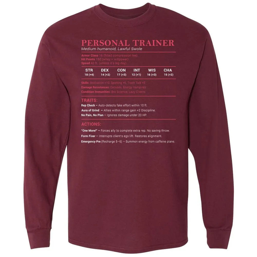 Personal Trainer PT Stats Long Sleeve T-Shirt - Maroon - 11