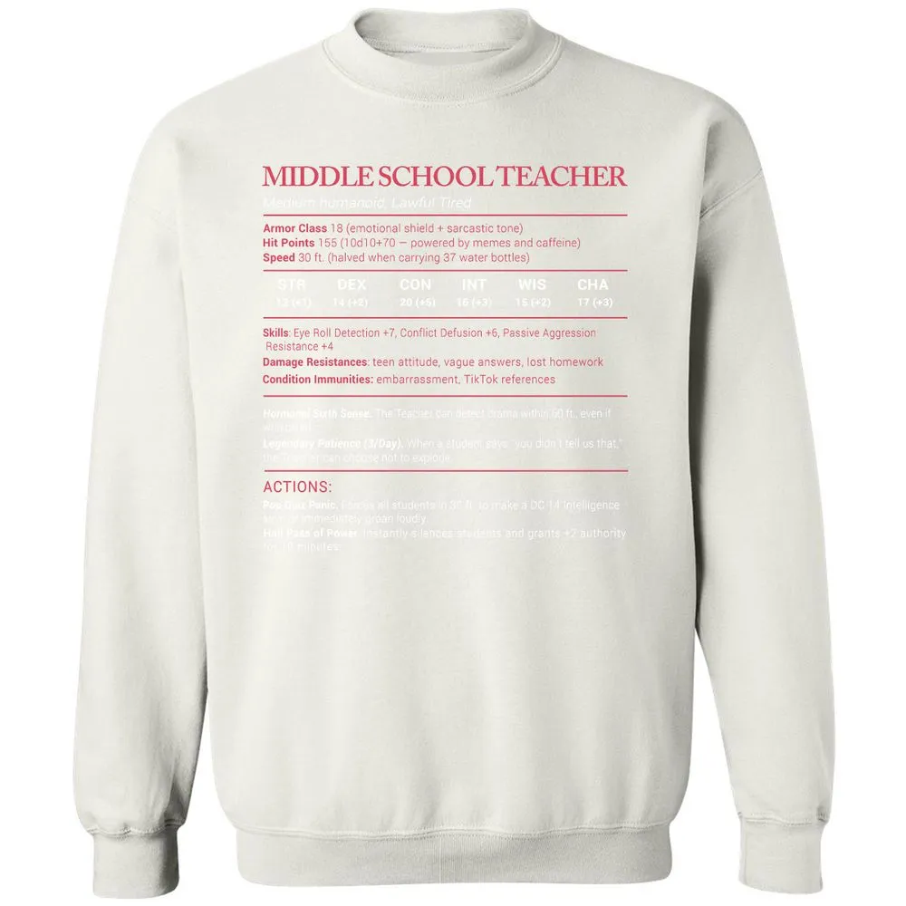 Middle School Teacher Stats Classic Unisex Sweatshirt - White - 12