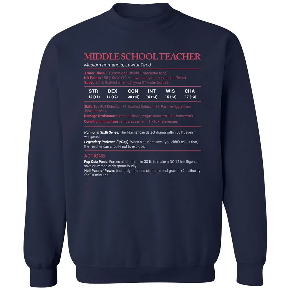 Middle School Teacher Stats Classic Unisex Sweatshirt - Navy - 2