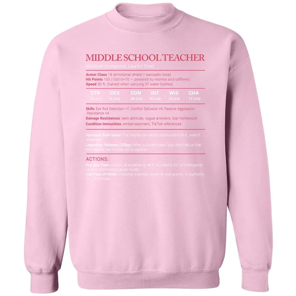 Middle School Teacher Stats Classic Unisex Sweatshirt - Light Pink - 3
