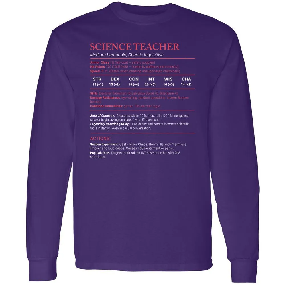 Science Teacher Stats Long Sleeve T-Shirt - Purple - 13