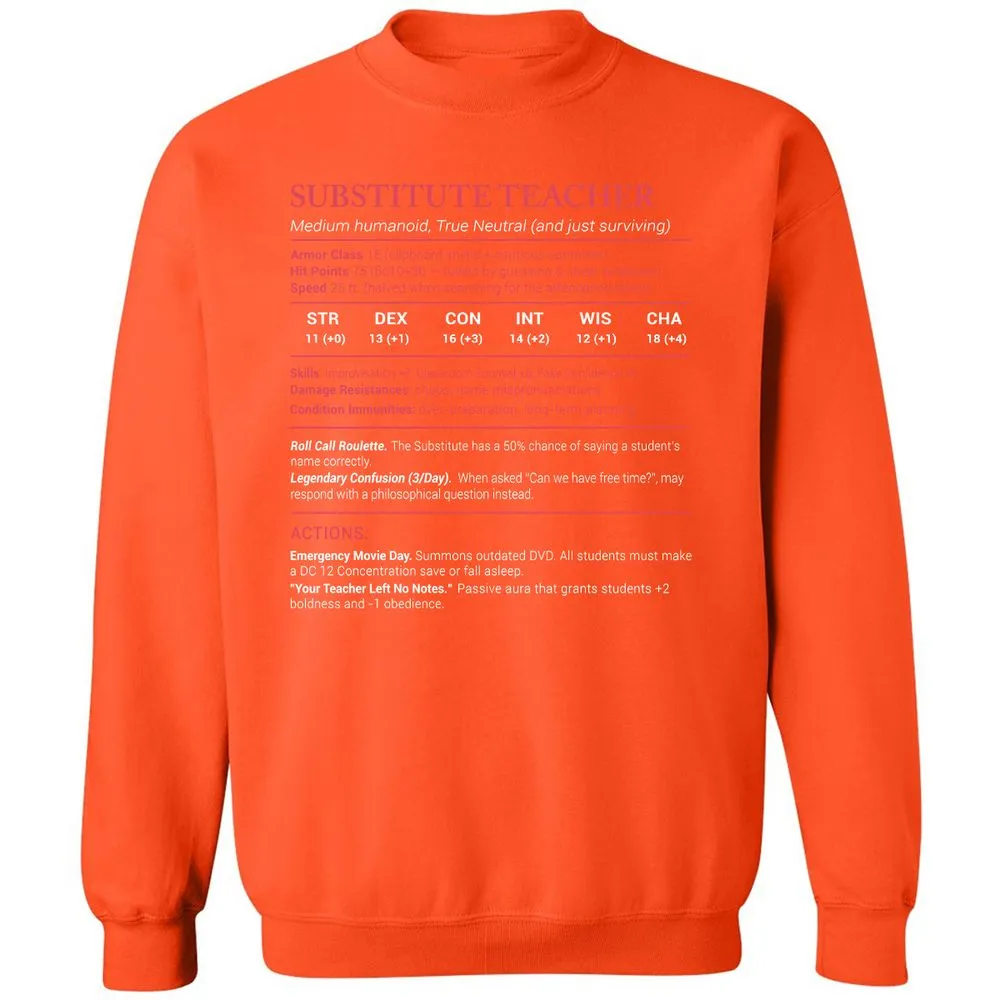 Substitute Teacher Stats Classic Unisex Sweatshirt - Orange - 10