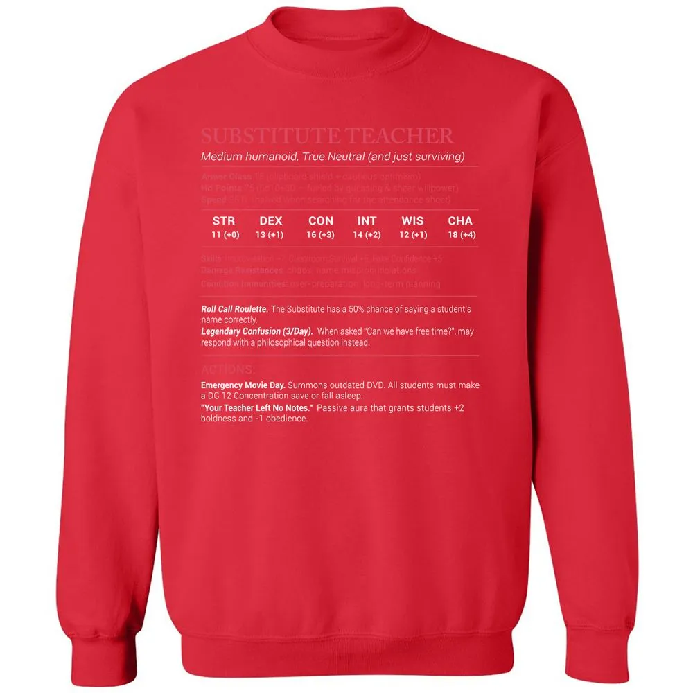 Substitute Teacher Stats Classic Unisex Sweatshirt - Red - 5