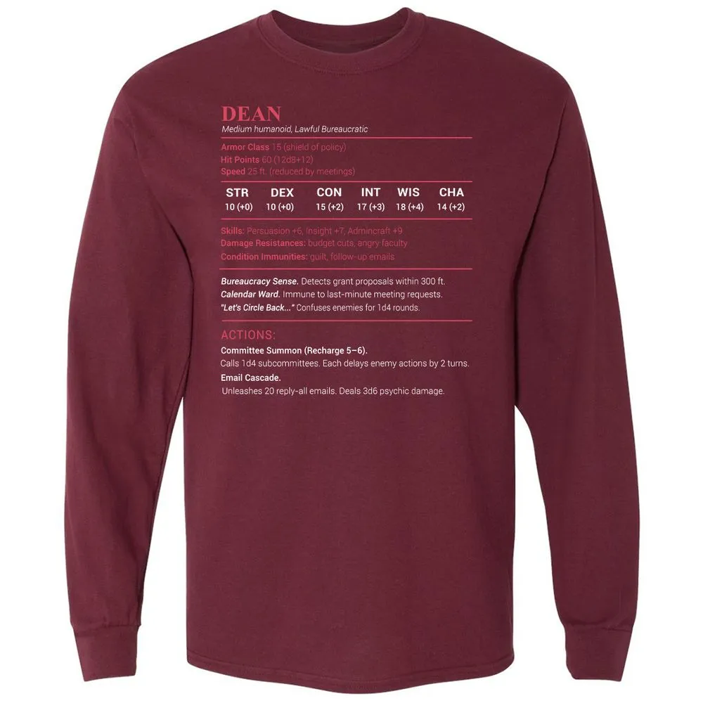 Dean Stats Long Sleeve T-Shirt - Maroon - 11