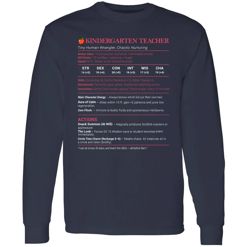 Kindergarten Teacher Stats Long Sleeve T-Shirt - Navy - 2