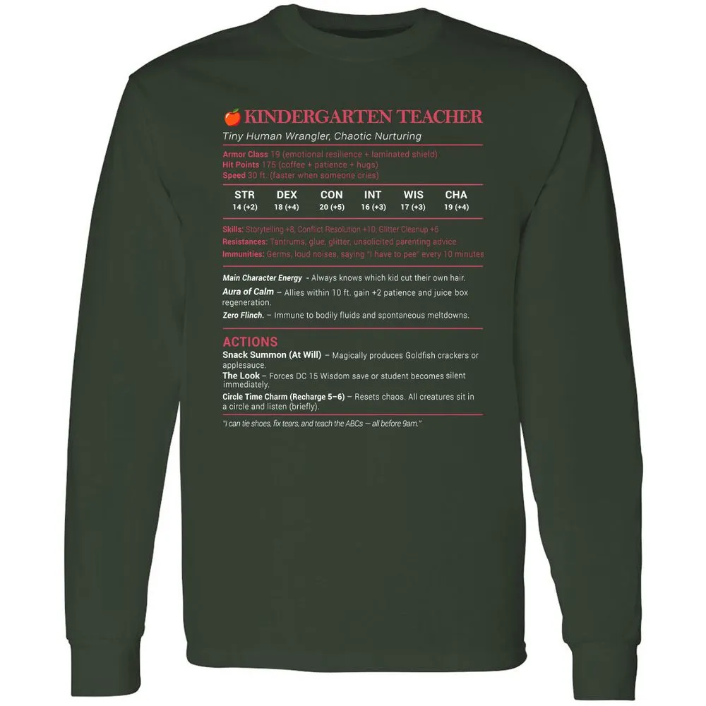 Kindergarten Teacher Stats Long Sleeve T-Shirt - Forest Green - 4