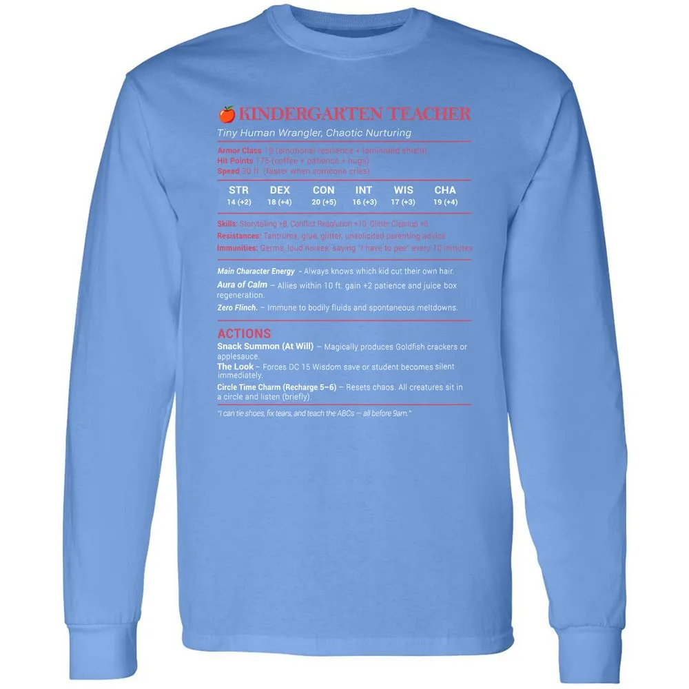 Kindergarten Teacher Stats Long Sleeve T-Shirt - Carolina Blue - 12