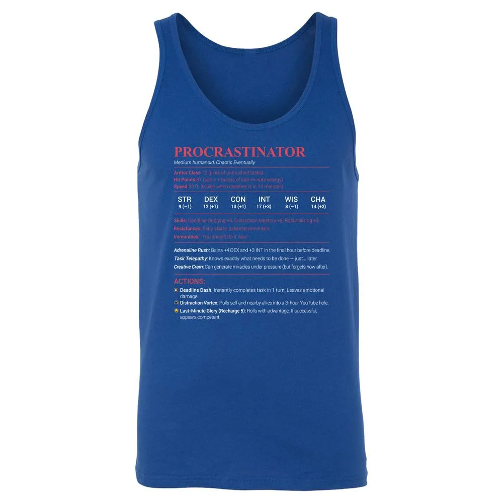 Procrastinator Stats Unisex Jersey Tank - True Royal - 13