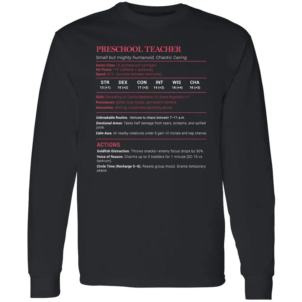 Preschool Teacher Stats Long Sleeve T-Shirt - Black - 1