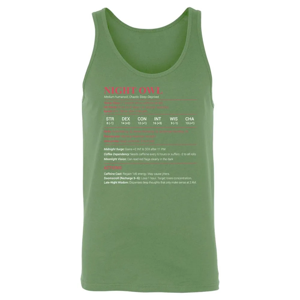 Night Owl Stats Unisex Jersey Tank - Leaf - 10