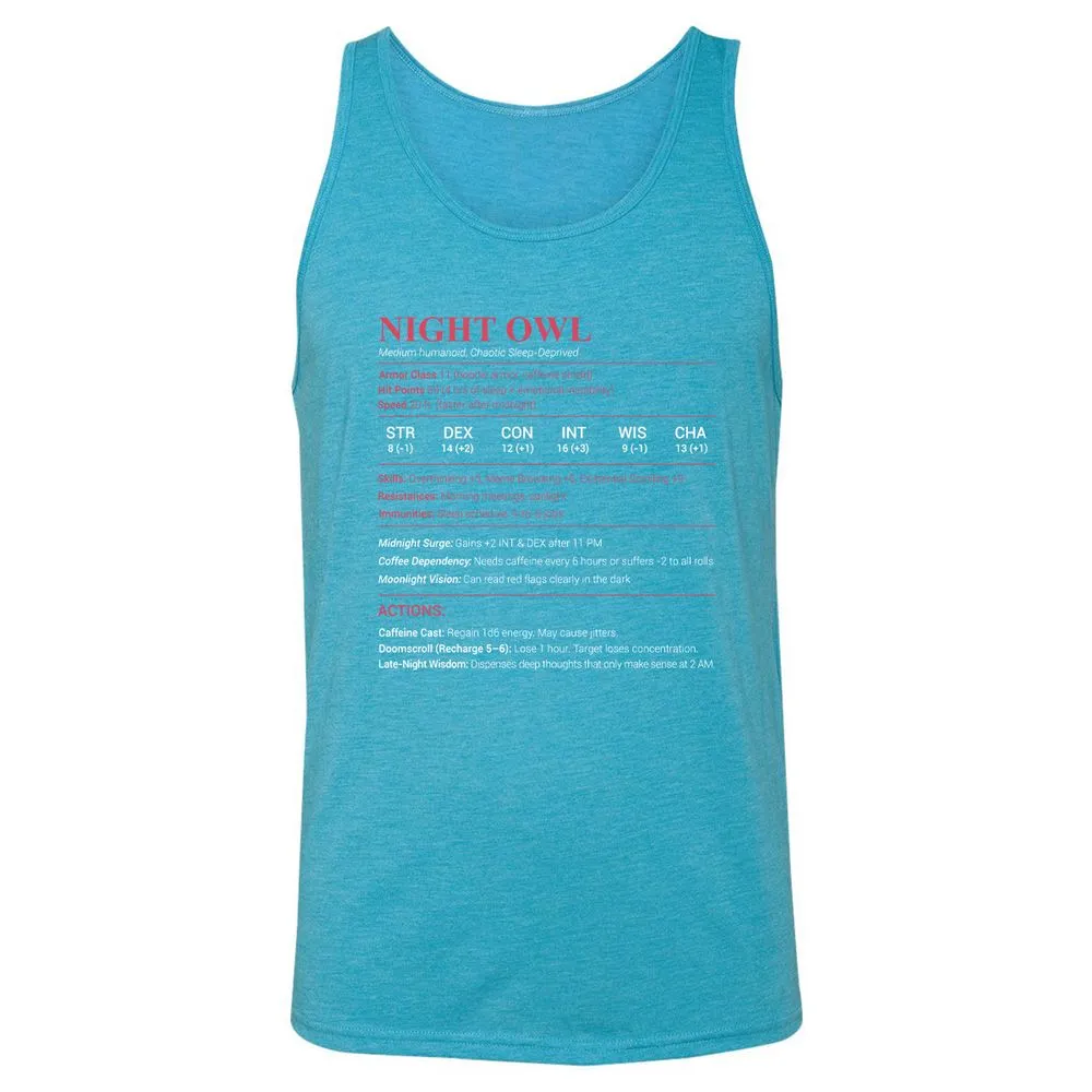 Night Owl Stats Unisex Jersey Tank - Aqua Triblend - 3