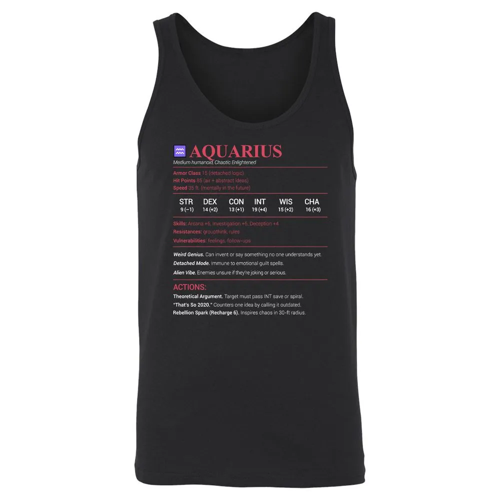Aquarius Stats Unisex Jersey Tank - Black - 1