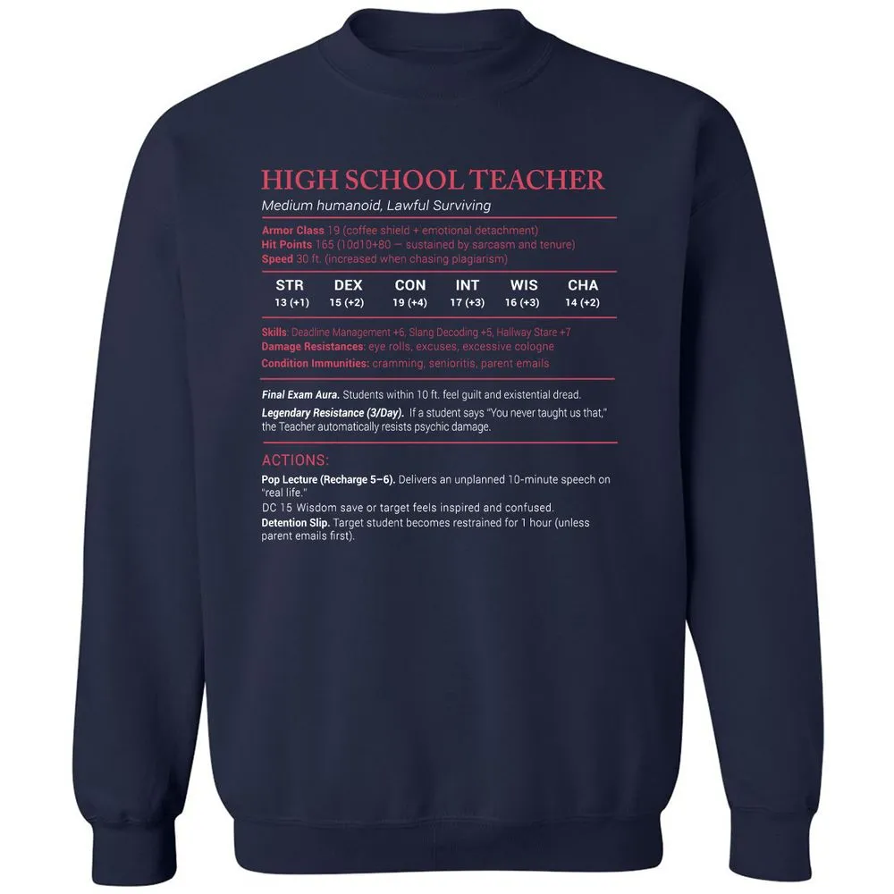 High School Teacher Stats Classic Unisex Sweatshirt - Navy - 2