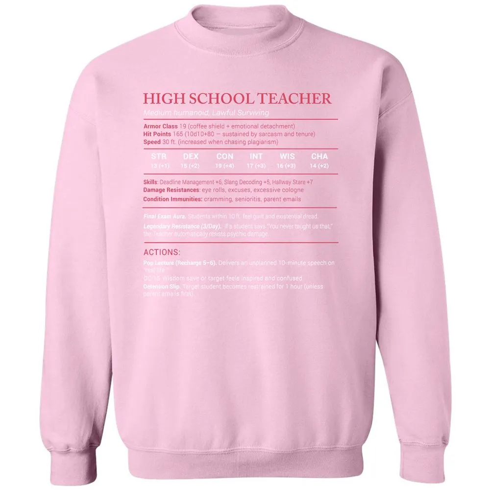 High School Teacher Stats Classic Unisex Sweatshirt - Light Pink - 3