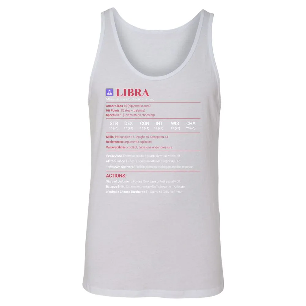 Libra Stats Unisex Jersey Tank - White - 14