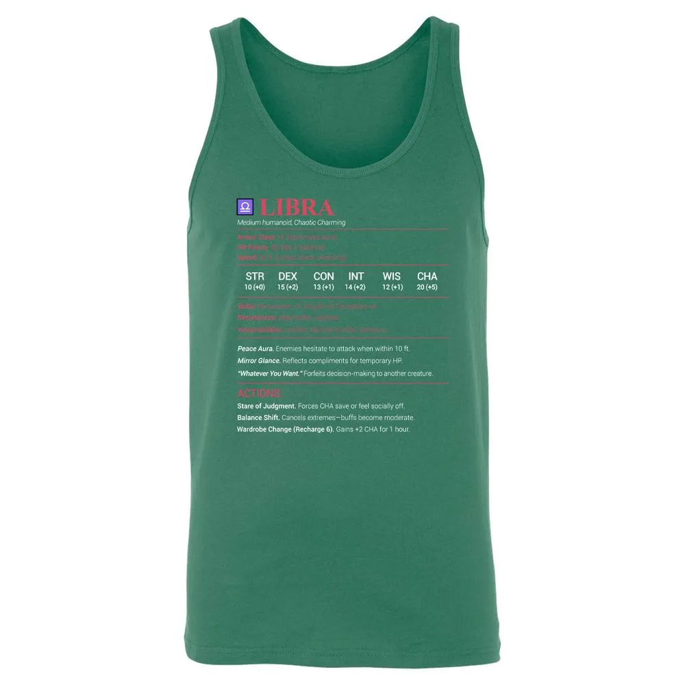 Libra Stats Unisex Jersey Tank - Kelly - 9