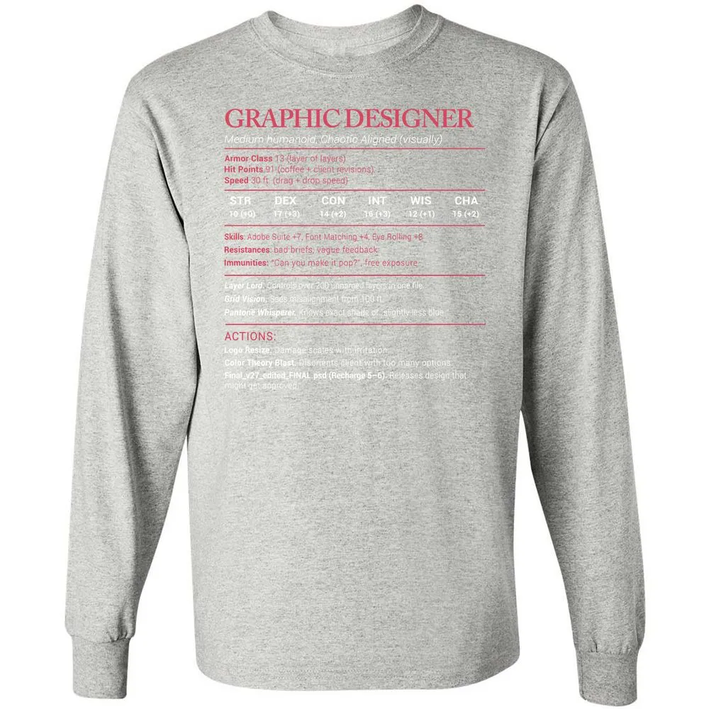 Graphic Designer Stats Long Sleeve T-Shirt - Ash - 7